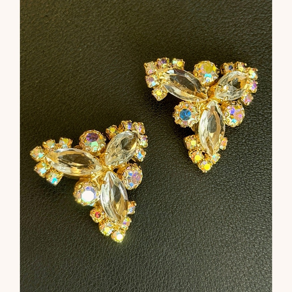 Vintage Rhinestone Earrings Clip Ons Gold Tone Clear Aurora Borealis Open Back
